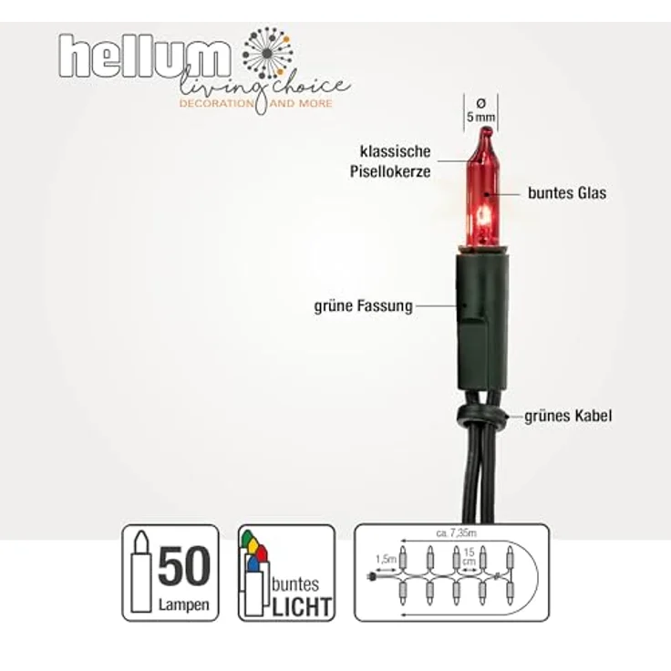 hellum Lichterkette innen mit 50 LED, mini Lichterkette bunte Lichter beleuchtete 7,35m, bunt strombetrieben mit grünem Kabel, – Bild 4