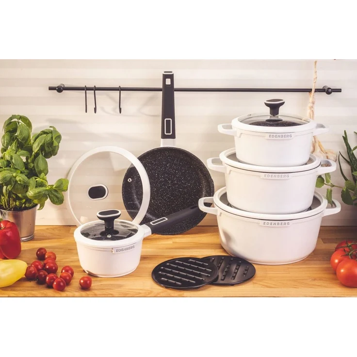 Edenberg Topf-Set Wunderschönes weißes Topfset, Pfanne, Kasserolle, Glasdeckel Keramik, Aluminium, Keramik (1.4L / 1.9L / 2.6L / 4.5L / 6.7L, 12-tlg, Zeitloses Design des Topfsets. Eine ideale Geschenkidee) – Bild 2
