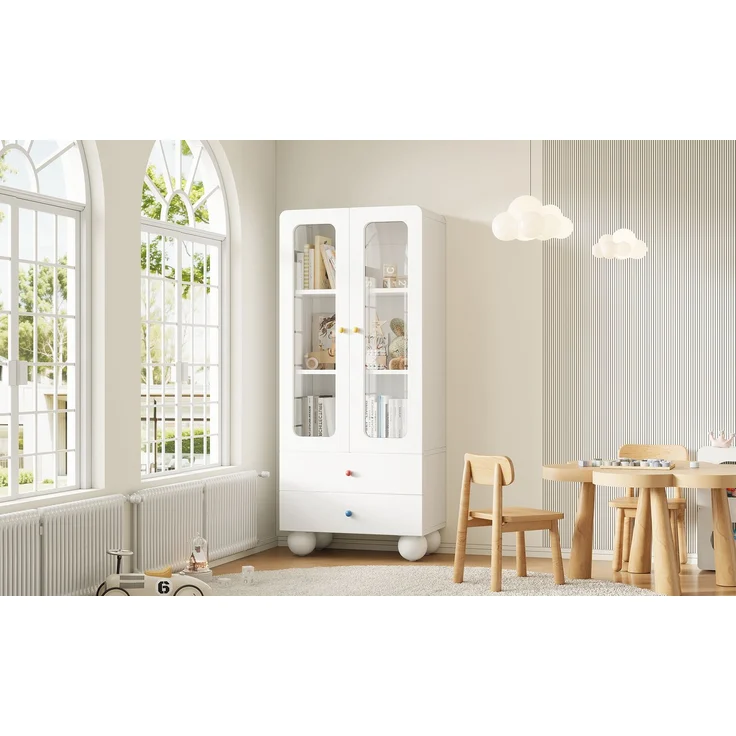 ZUBALIYA Glasvitrine, Kinder-Aufbewahrungsschrank, Bücherregal mit Schubladen, Büroschrank, Figurenvitrine, Bunte Keramikgriffe, Kugelförmige Schrankfüße,, Multifunktionsschrank, Weiß, 60 x 35 x 140 cm – Bild 20