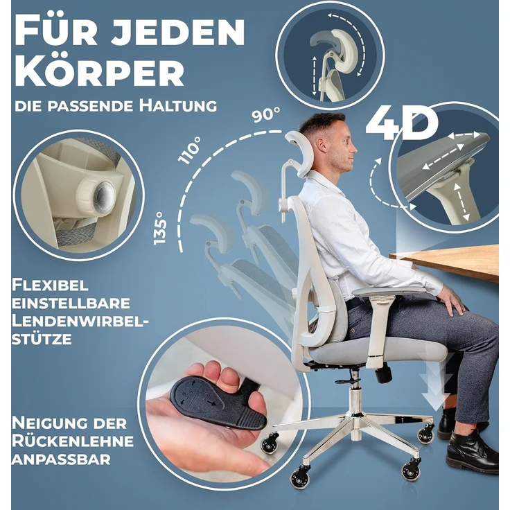 CLOUVOU Bürostuhl ergonomisch, CleverSeat Schreibtischstuhl bis 150 kg - Testsieger (Chefsessel für Arbeitszimmer, 4D Chrom-Metallarmlehne), Blade Wheels, Homeoffice, Gaming Stuhl, Drehstuhl – Bild 5