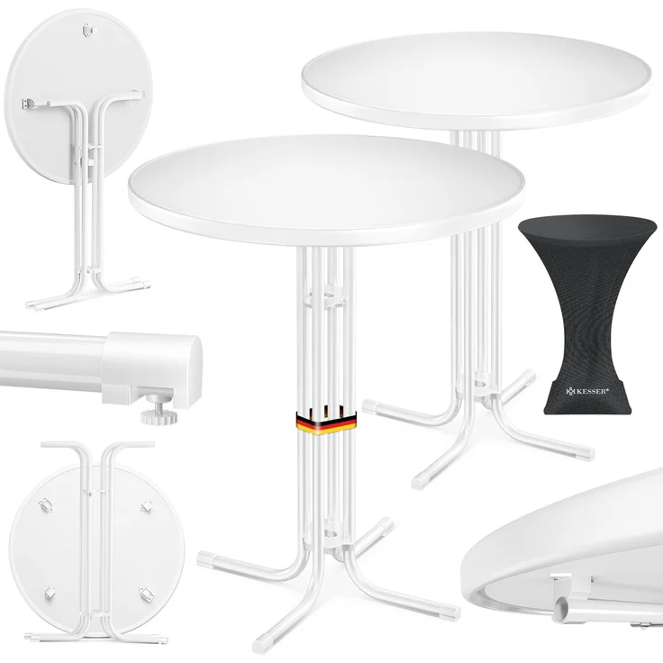 KESSER® Gastro Stehtisch klappbar Bistrotisch 2er Set | Pulverbeschichtete Edelstahlplatte | höhenverstellbare Füße | Party-Tisch Ø 80cm | In- & Outdoor | Empfangstisch inkl. Husse | Klapptisch Weiß