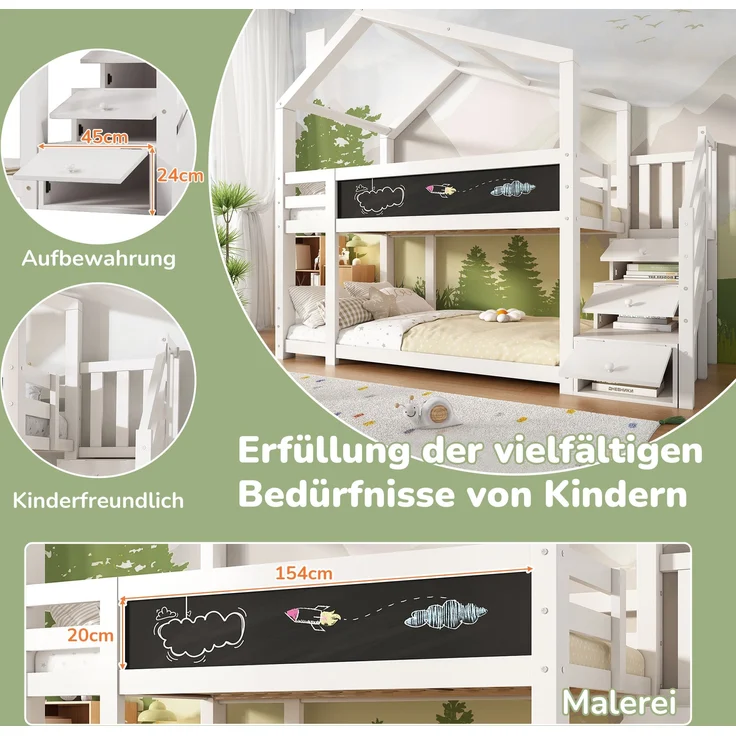 Kinder-Etagenbett "Baumhaus" 97x256x223 cm, Weiß, mit Tafel & Staufachtreppe – Bild 7