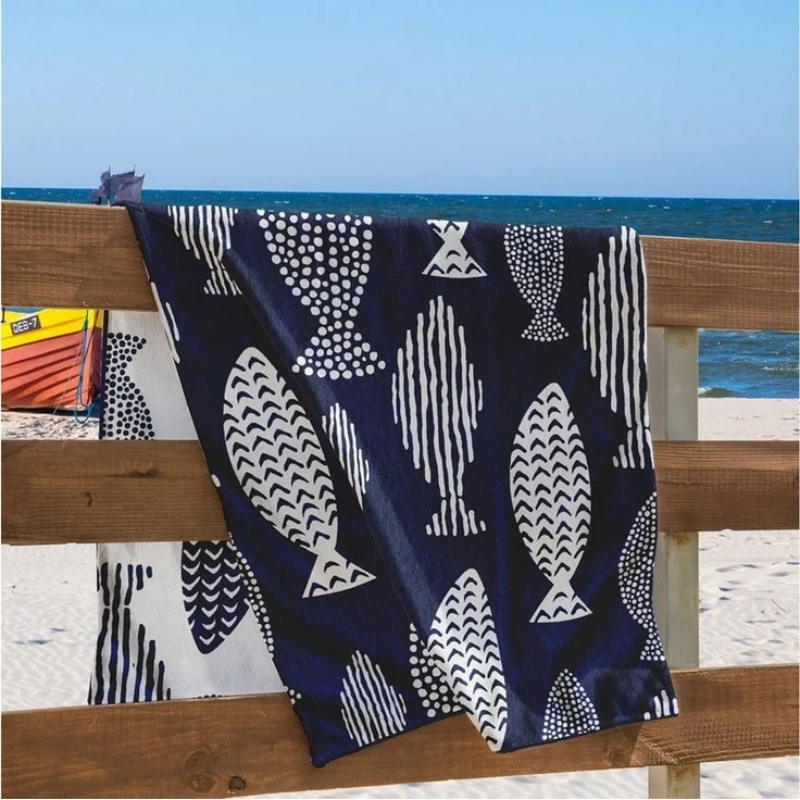 DecoKing Strandtuch groß 90x180 cm Baumwolle Frottee Velours Badetuch blau weiß Fish – Bild 1