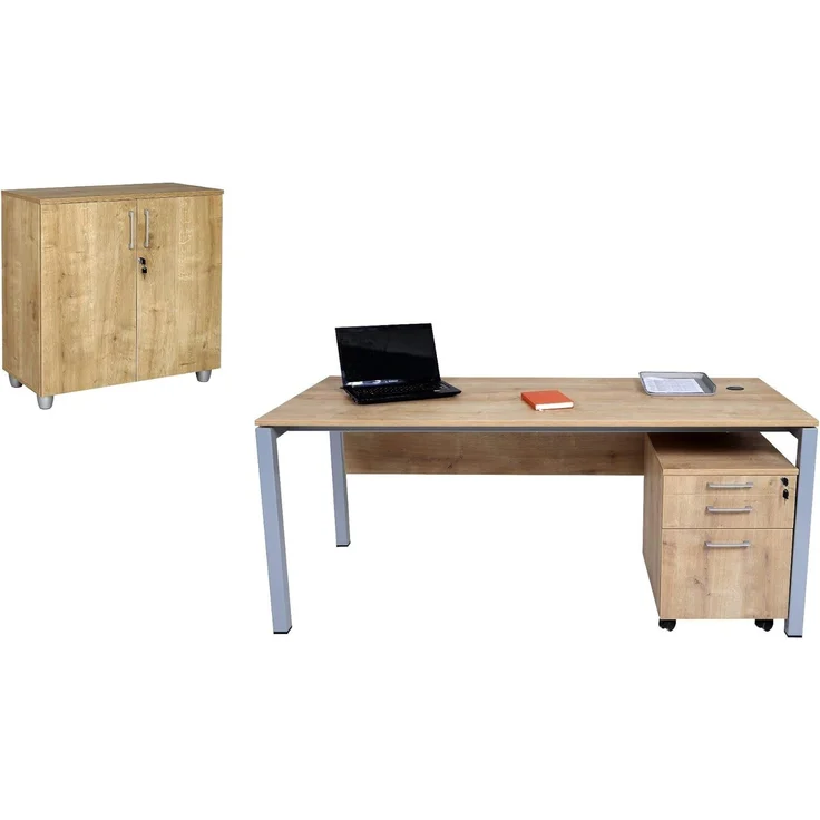 Schreibtisch Set Tetra, 180 cm, Saphir Eiche Dekor/silber, inkl. Schreibtisch, Rollcontainer mit 3 Schüben, Aktenschrank – Bild 3