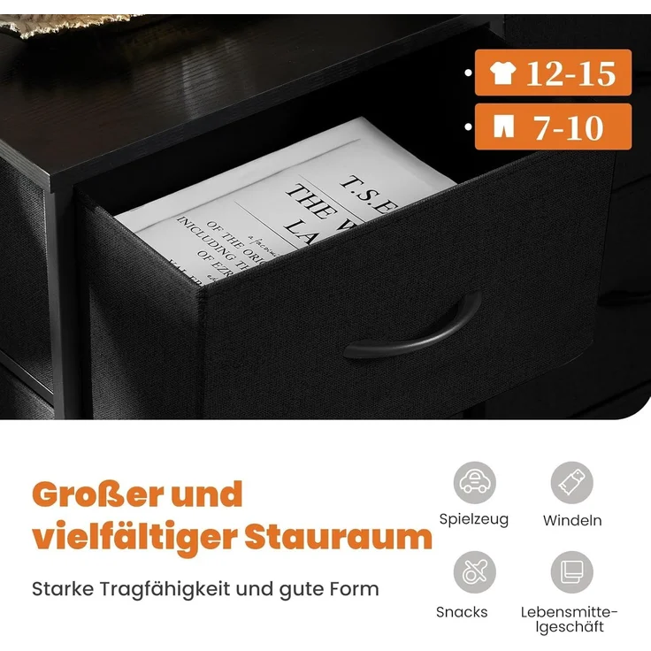 Sweetcrispy Kommode,Sideboard Wohnzimmer für Schlafzimmer mit 8 Stoffschubladen,Einstellbare Füße Schubladenschrank,Komodenschrank für Schlafzimmer,Klassisch Schwarz – Bild 4