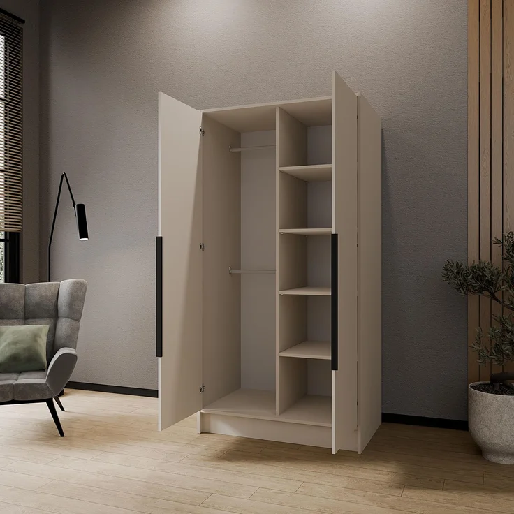 MEBLINI Kleiderschrank PORTINA 100cm - Kaschmir - mit schwarzen Griffen - Drehtürenschrank ohne Spiegel - Kleiderstangen und Regalböden – Bild 4