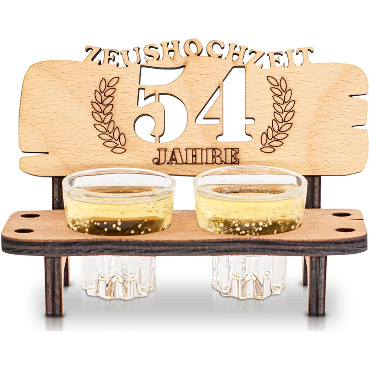 DARO Design - Schnapsbank 54. Hochzeitstag Zeushochzeit Geschenk Deko für Paare Männer Frauen aus Holz mit Gläsern