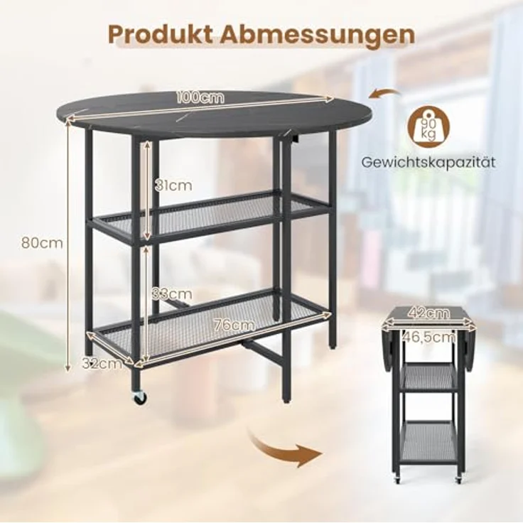 FANTASK Esstisch klappbar für 2-4 Personen, runder Esszimmertisch Küchentisch mit 2 Ablagefächern, mobiler Klapptisch Marmor Optik für Esszimmer, Wohnzimmer (Schwarz) – Bild 3