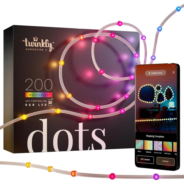 Twinkly Dots 10m, Flexibler RGB-LED-Streifen, für Drinnen und Draußen, Kompatibel mit Alexa und Google Home, IP44, Über 16 Mio. Farben, App-Steuerung, Transparentes Kabel, 200 LED-Lichter