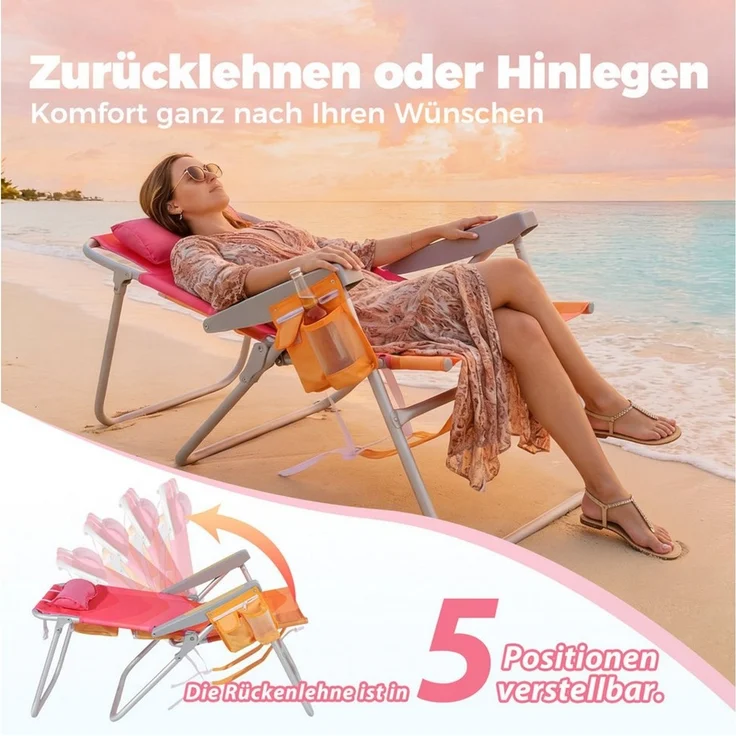 HOMECALL Klappstuhl Strandstuhl Leicht Klappbar Camping, 5-fach verstellbare Rückenlehne (Bis150KG Aluminiumrahmen, groBe Kuhitasche und Aufbewahrungstasche, 2 St), Seitentaschen, Kopfstütze, Schultergurten, Handtuchhalter – Bild 3
