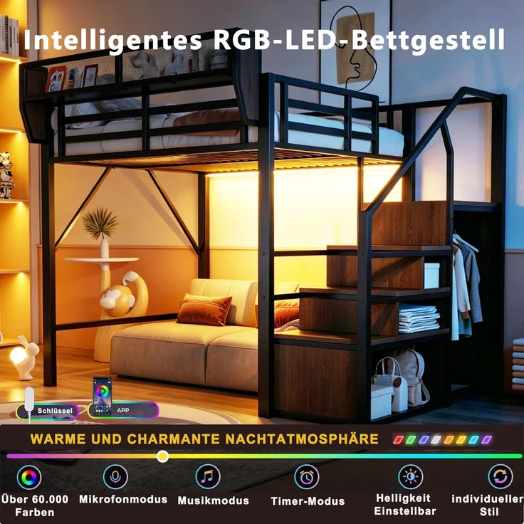 ZUBALIYA Hochbett 140 × 200 cm, Metall, LED-Beleuchtung, Leiter, Schwarz – Bild 8