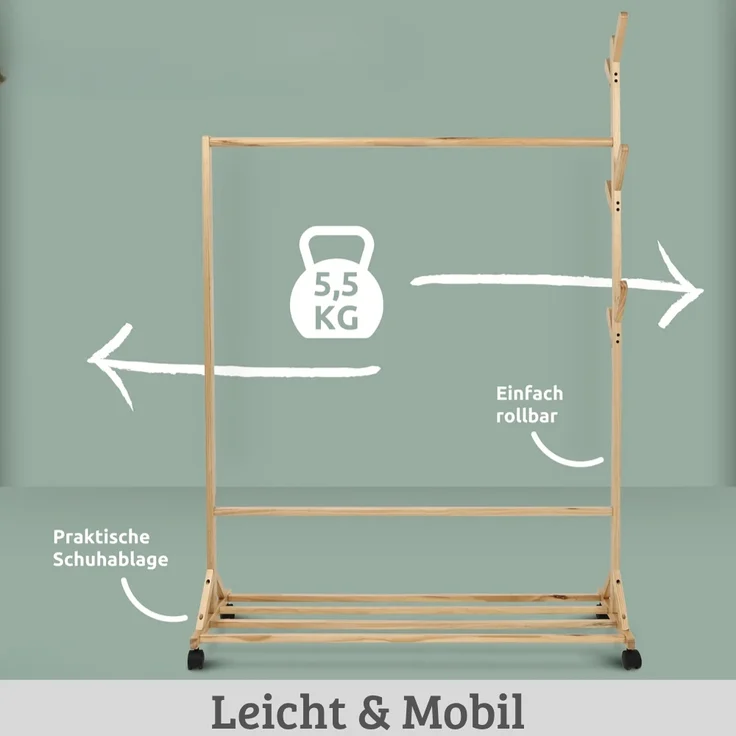 DELUKE® Garderobe mit Rollen SEMU - Massivholz, 6 Haken | Garberobenständer Flur Kleiderstange für Jacken Eingangsbereich Kleiderständer – Bild 5