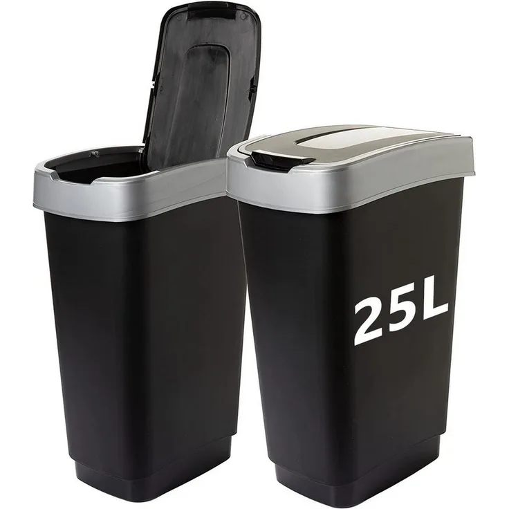Centi Mülleimer 2er Set 25 Liter Abfalleimer mit Deckel Mülleimer Küche, mit Schwingdeckel - Schwarz/Silber - für Recycling & Mülltrennung