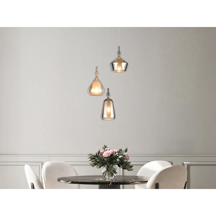 LED Cluster Pendelleuchte 3-flammig Glas Bernstein & Chrom verspiegelt, Ø 35cm – Bild 6