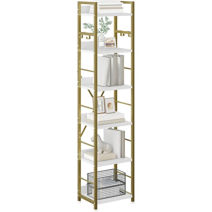 YITAHOME Bücherregal mit 6 Ebenen, Industrielles Standregal, Metallrahmen und Holzregale, Hohes Lagerregal mit 4 Haken, Präsentationsorganizer, für Wohnzimmer, Heimbüro, Gold Regal – Bild 1