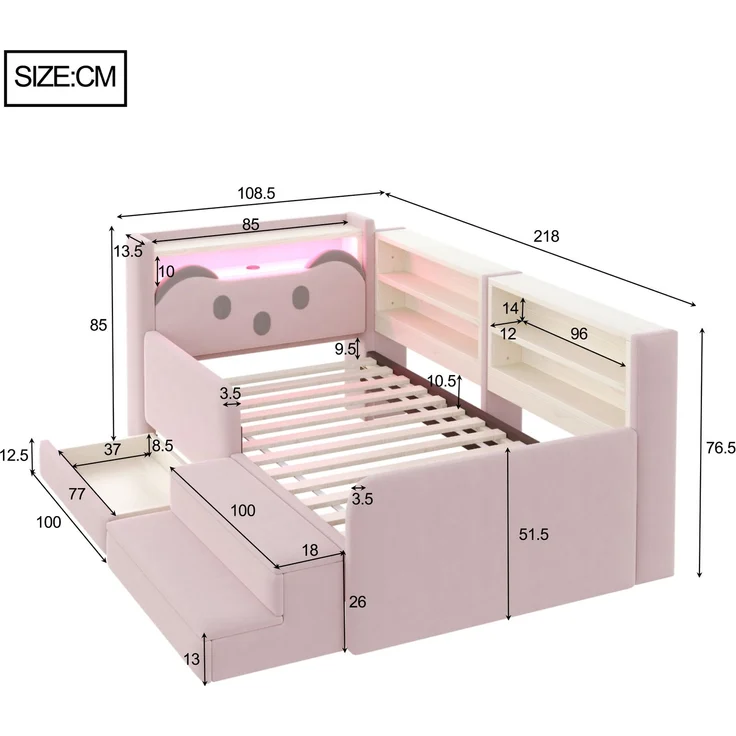 ZUBALIYA Polsterbett, mit Schubladen, mit Stauraum, mit LED-Beleuchtung, mit USB-Anschluss, inklusive Lattenrost, Liegefläche 90 × 200 cm, H 85 × T 218 × B 108.5 cm, Rosa, Samt – Bild 13