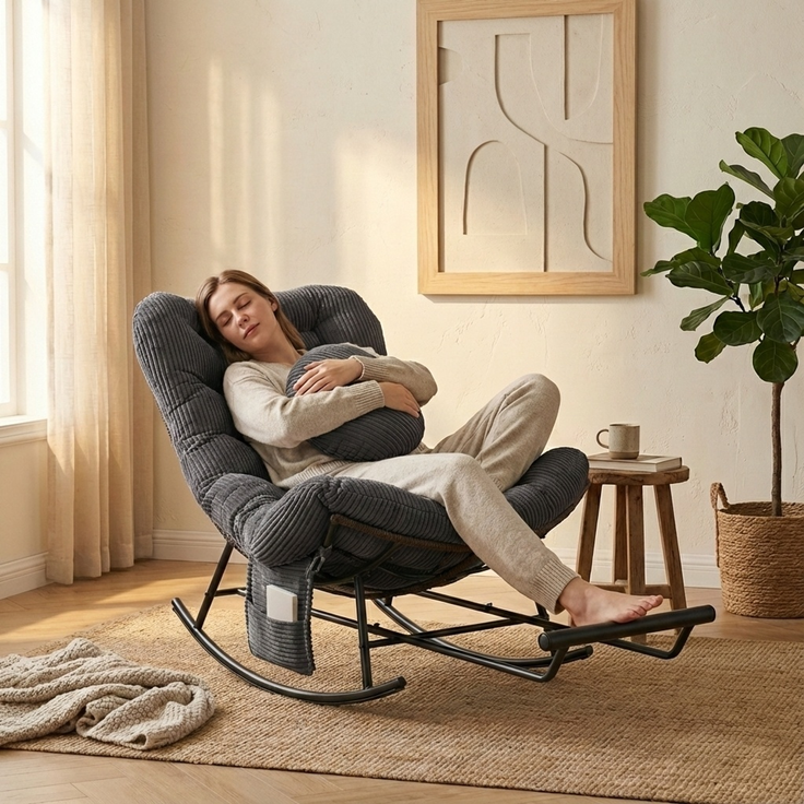 LVHOM Schaukelstuhl mit ausziehbarer Fußstütze, Rattanstuhl mit Stahlrahmen, Schaukelsessel mit gepolstertem Kissen und Seitentasche, Lounge Sessel, 1 St, Dunkelgrau – Bild 2