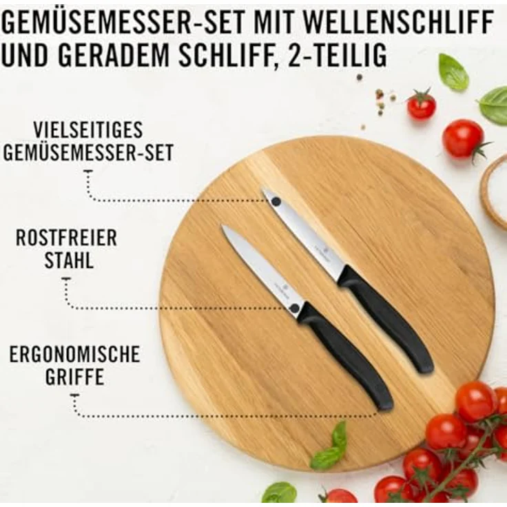 Victorinox Swiss Classic, Tomaten- und Gemüsemesser-Set, 2teilig, Extra Scharfe Klinge, Kunststoffgriff, Rostfreier Stahl, Swiss Made, Schwarz – Bild 4