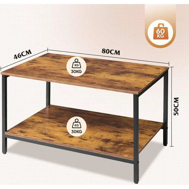 WLIVE Couchtisch Kleiner Wohnzimmertisch im Vintage-Industrial Design, (80 cm Sofatisch im Vintage Industrie Design mit Metallgestell, 80 × 46 × 50 cm, 1 Tisch), 2 Ablagen, Metallgestell, verstellbare Füße, 60 kg Tragkraft – Bild 3