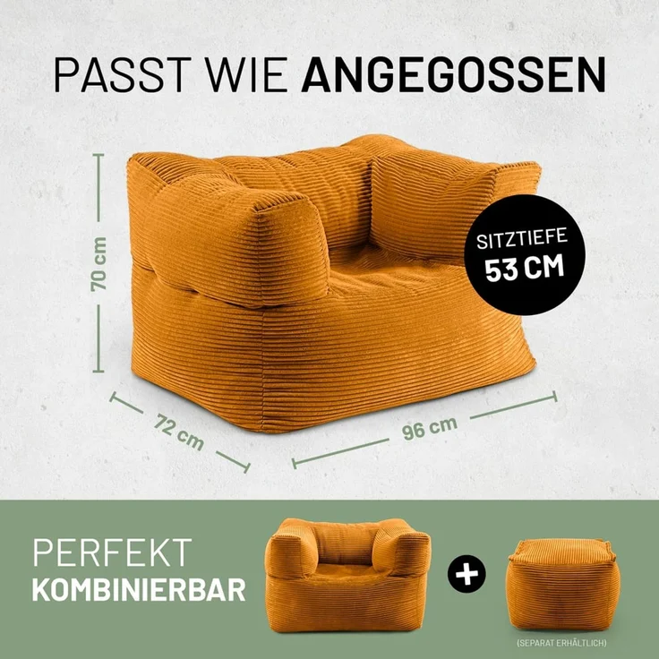 Lumaland Modular Sessel - Cord-Reihe | Indoor Sitzsack mit Softer Struktur, ideal Modulen | Bean Bag für Wohnzimmer & Co. - 96 x 72 x 70 cm – Bild 2