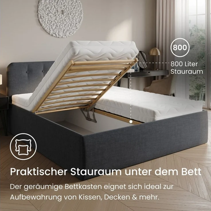 Home Collective Polsterbett Bett mit Stauraum, verstellbarem Lattenrost, viele Größen (Größen: 100x200 120x200 140x200 160x200 180x200 200x200, hochwertiger Strukturstoff, made in Germany), modernes Design mit hochwertigem Strukturstoff 160x200 cm, Ant... – Bild 3