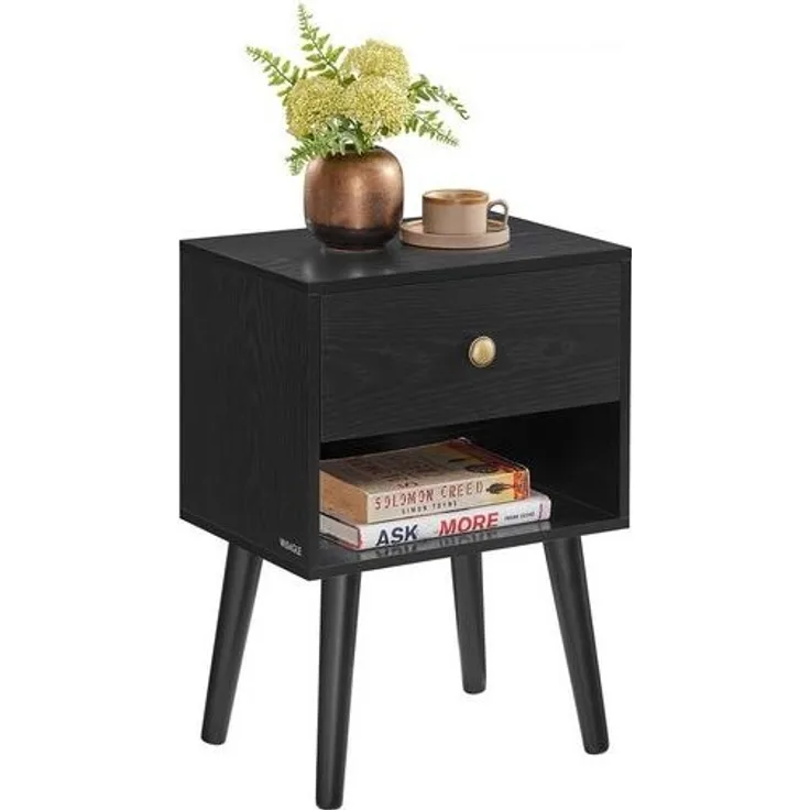 Vasagle Nachttisch, Beistelltisch mit Schublade und offener Ablage, Holzbeine, Couchtisch für Wohnzimmer, Schlafzimmer, Sofa, ebenholzschwarz