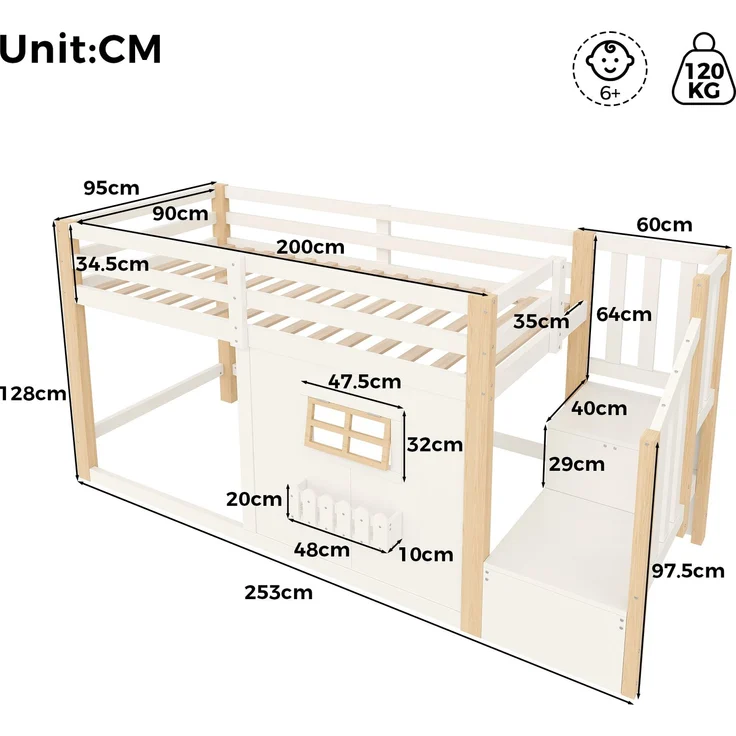 Merax Kinderbett, Hochbett, 90 x 200 cm, Kiefernholz, Fenster, Aufbewahrungsleiter, LED-Lichtleiste, Ohne Matratze, Natur + Weiß – Bild 4
