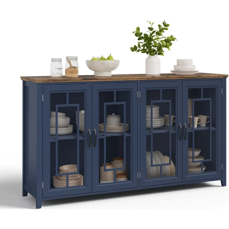 Merax 160cm Küchen-Sideboard mit Glastüren, einem geräumigen Staufach, einer Arbeitsplatte in Holzoptik und einer Kippsicherung, Blau – Bild 10