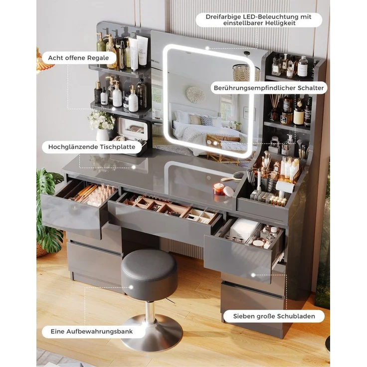 HOMALL Schminktisch Eingebaute LED-Beleuchtung, einstellbare Helligkeit, mit 7 Schubladen (GroBe 110*40*139cm Bestes Geschenk fur Ehefrau/Tochter ostern geschenke) – Bild 3