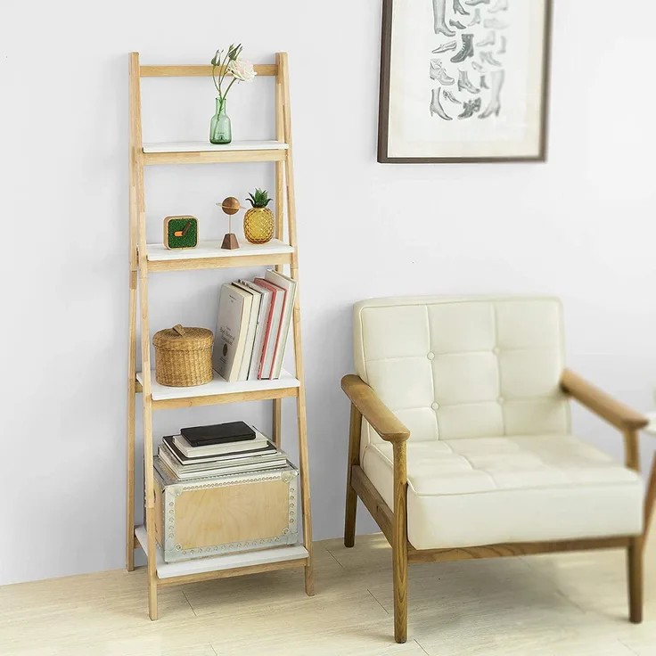 SoBuy Leiterregal, Bücherregal, mit 4 Böden, klappbar, aus Kautschukholz