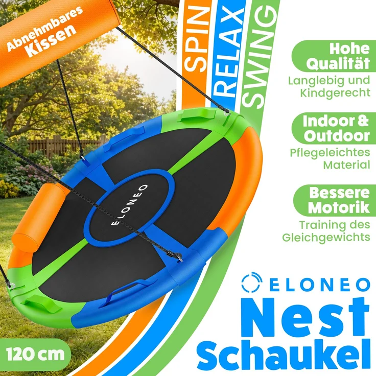 ELONEO Nestschaukel Outdoor & Indoor mit 90 oder 120 cm Durchmesser, Tellerschaukel, höhenverstellbare Hängeschaukel inkl. Kissen, Griffen und Zubehör-Set, Bunt - 120cm 90cm – Bild 2