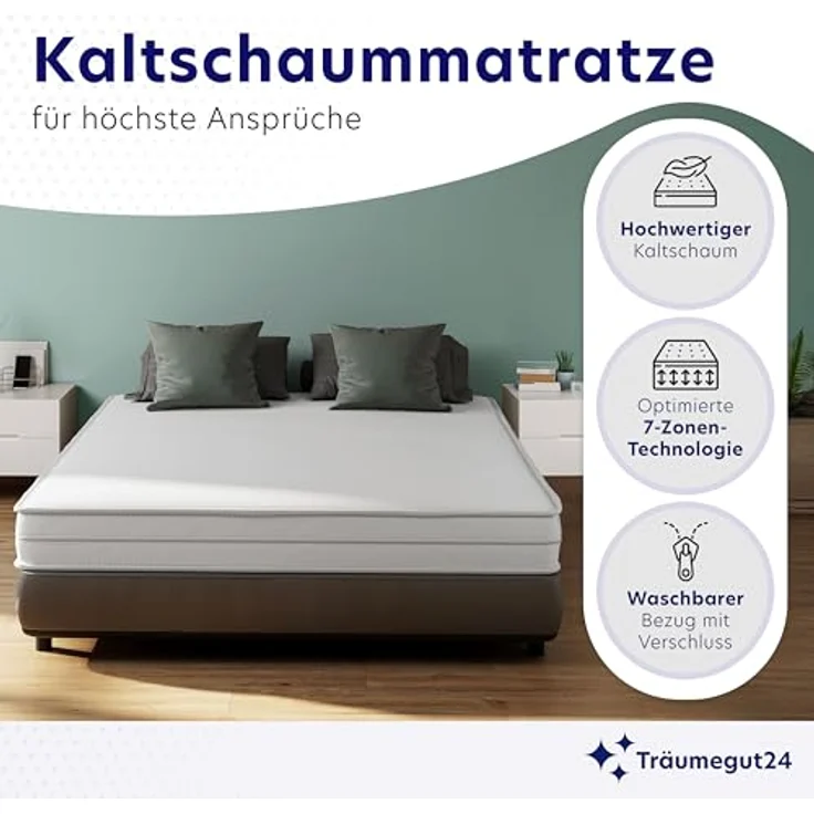 Träumegut24 AquaFlex 7-Zonen Matratze | H2&H3 | Ergonomische Kaltschaummatratze | Hypoallergen & Antibakteriell | Bezug abnehmbar & waschbar | Oeko-TEX® (140 x 200 cm, H3, 19 cm) – Bild 4