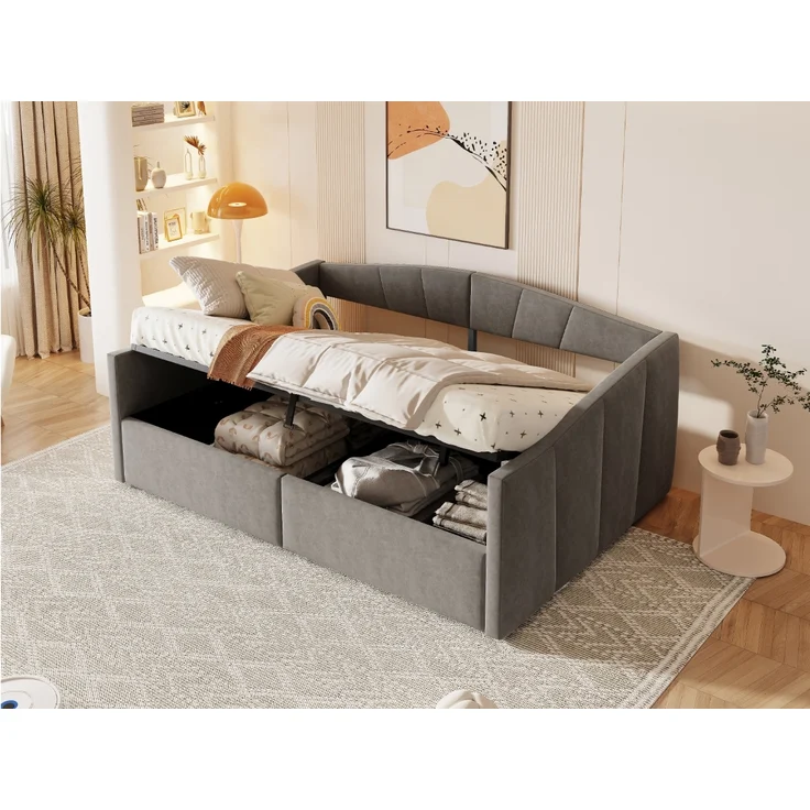 Polsterbett-Sofabett mit hydraulischem Stauraum, Lattenrost und Armlehnen, klassisches Streifendesign, vielseitiges Doppelbett, Samtstoff, 140×200 cm – Bild 6
