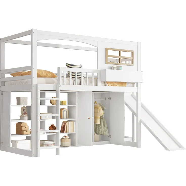 Merax Etagenbett, Kinderbett, mit Fallschutzgitter, mit Kinderrutsche und Kleiderschrank, Reichlich Stauraum, Mit vierstufiger Leiter, Kiefer+MDF+Sperrholz, Weiß, 90x200cm – Bild 10