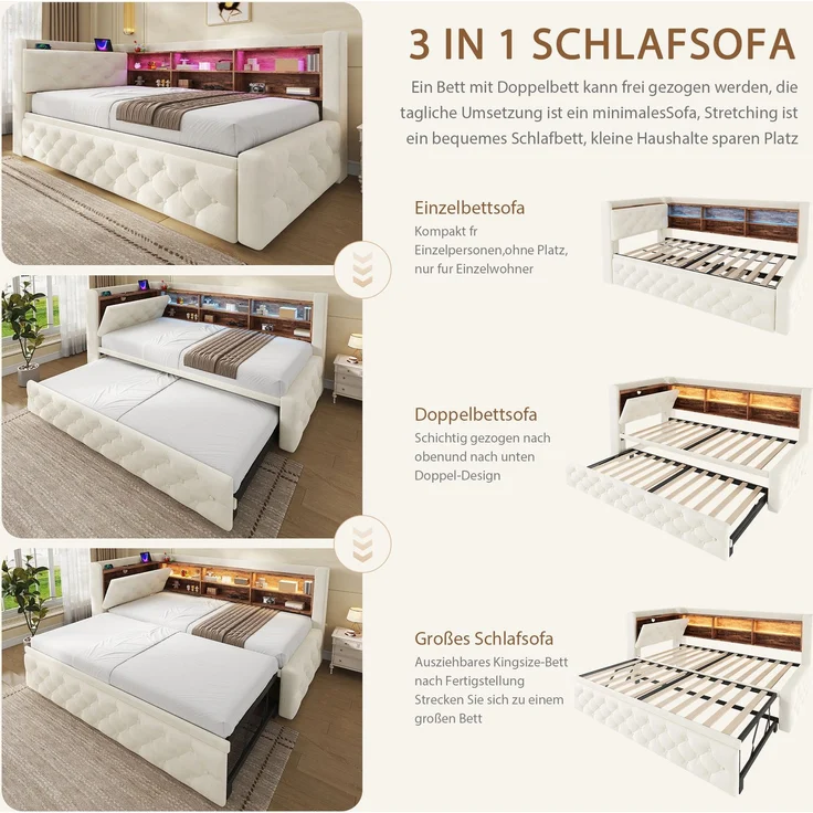ZUBALIYA Tagesbett, mit Stauraum, mit LED-Beleuchtung, mit USB-C-Anschluss, inklusive Lattenrost, mit Schlaffunktion, Liegefläche 90 × 190 cm, H 84 × T 211 × B 181 cm, Beige, Samt – Bild 5
