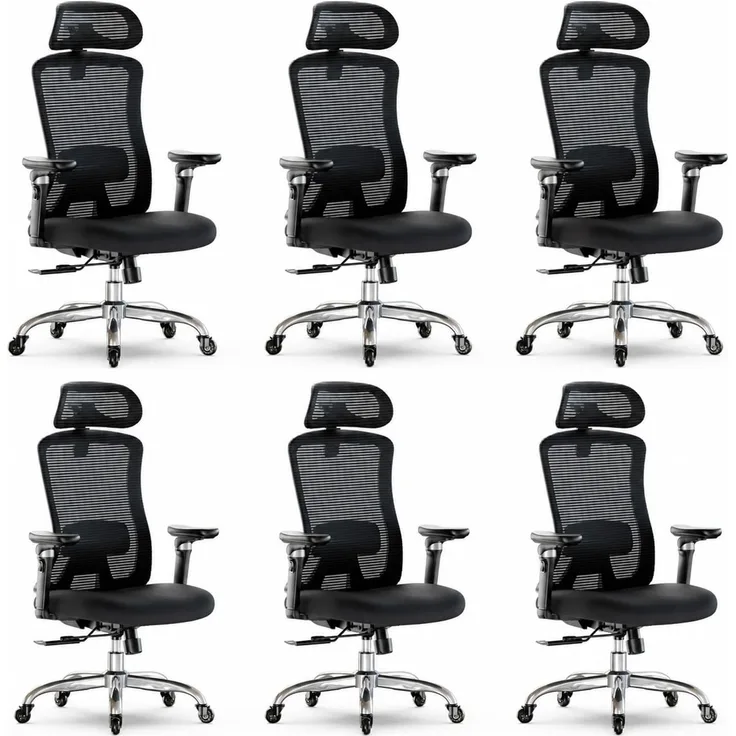Marsail Bürostuhl mit 6D-Armlehnen, 3D-verstellbarer Kopfstütze, Schiebesitz, Lendenwirbelstütze, 4-Position-Neigungsschloss – hoher und großer Schreibtischstuhl mit Kapazität von 150kg, Schwarz, 6PCS