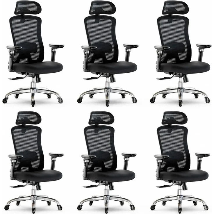Marsail Bürostuhl mit 6D-Armlehnen, 3D-verstellbarer Kopfstütze, Schiebesitz, Lendenwirbelstütze, 4-Position-Neigungsschloss – hoher und großer Schreibtischstuhl mit Kapazität von 150kg, Schwarz, 6PCS