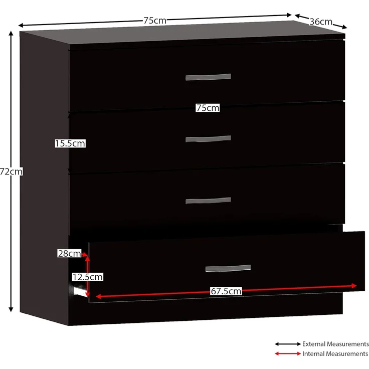 Vida Designs Kommode, schwarz, 4 Schubladen mit Metallgriffen und -schienen, einzigartige Schubladenunterstützung gegen Verbiegen, Schlafzimmer-Möbel Riano, 72 x 75 x 36 cm – Bild 3