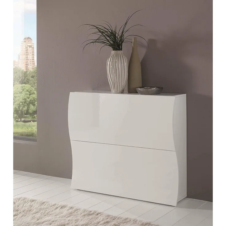 Dmora - Schuhregal Andrea, Mehrzweckschrank mit 2 Falttüren, Schuhregal für den Eingangsbereich, 100 % Made in Italy, 101 x 27 x 82 cm, glänzend weiß,