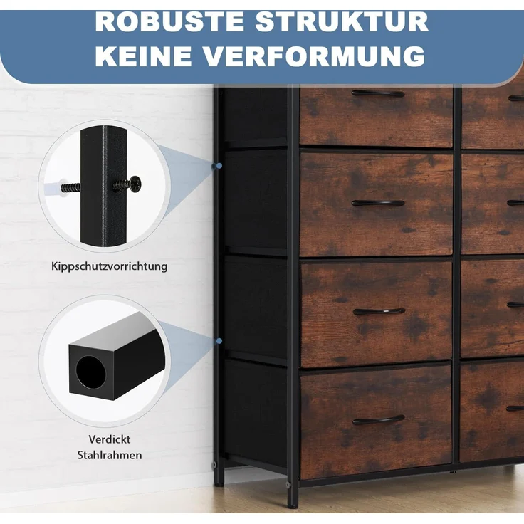 DUMOS Kommode für Schlafzimmer mit 8 Stoffschubladen hohe Kommode Organizer für Kleidung Schrank Kinderzimmer Aufbewahrungsturm mit Schrank Metallrahmen Holzplatte leichte Kinderzimmermöbel – Bild 8
