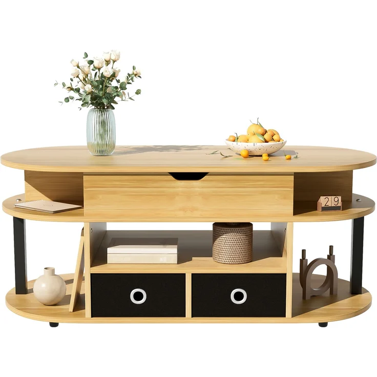 Couchtisch mit Hebefunktion Holzmaserung Schwarz Multifunktion Arbeitstisch & Stauraum – Bild 8