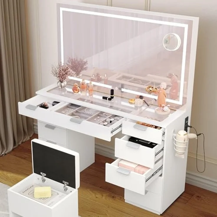 YITAHOME Schminktisch mit LED-Beleuchtung, 3 Farben mit Einstellbarer Helligkeit, Frisiertisch mit Spiegel für Make-up, Kosmetiktisch mit Steckdose, 11 Schubladen, modern, weiß – Bild 6