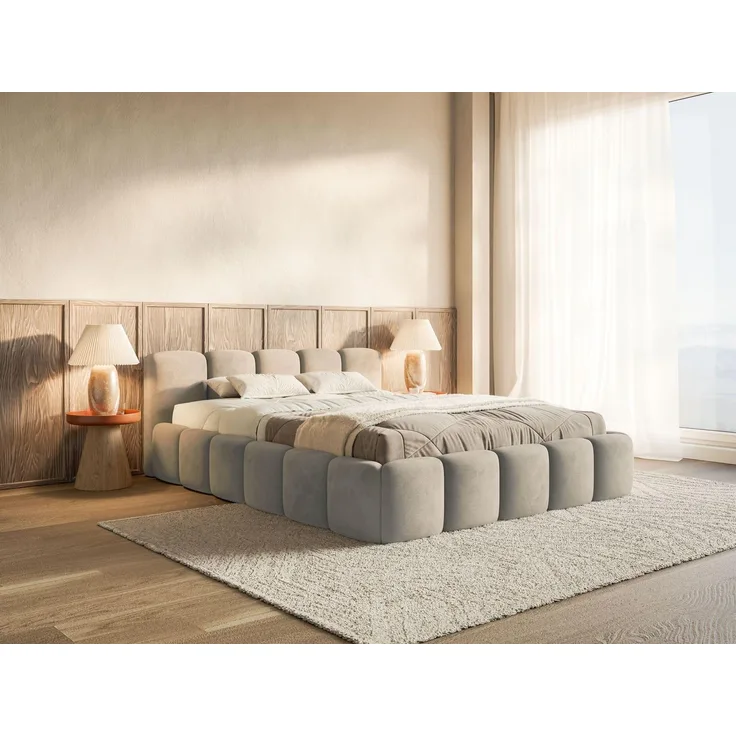 Selsey Polsterbett 160x200 cm Modernes Bettgestell mit Lattenrost Elegantes Design in Taupe Welur Piano Robuster Holzrollrost für Komfort Bodenschonende Kunststoffgleiter Max Belastung 250 kg