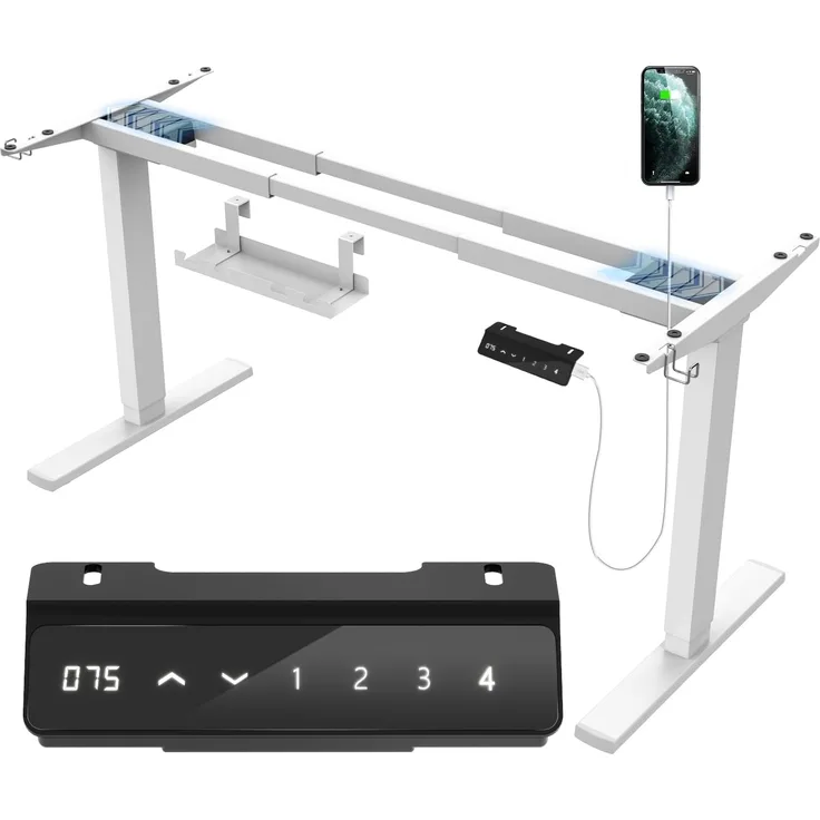 JUMMICO Dual-Motor Tischgestell Höhenverstellbar mit USB-Buchse und Kabelwanne, Elektrisch Höhenverstellbarer Schreibtisch Gestell mit Sitz-Steh-Erinnerungs und Rollen（Weiß）
