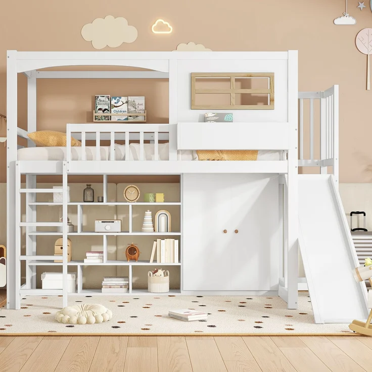 Etagenbett 90 × 200 cm (Liegefläche) – Etagenbett mit Rutsche, Kleiderschrank & Regal, vierseitiger Fallschutz, Weiß/Natur – Bild 4