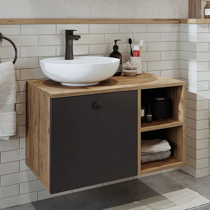 Roomart LOTUS-I-75 Badmöbel Set– 2-teiliges Badezimmermöbel Set - Waschbecken mit Unterschrank - H 45 x B 45 x T 75 cm • Anthrazit-Eiche