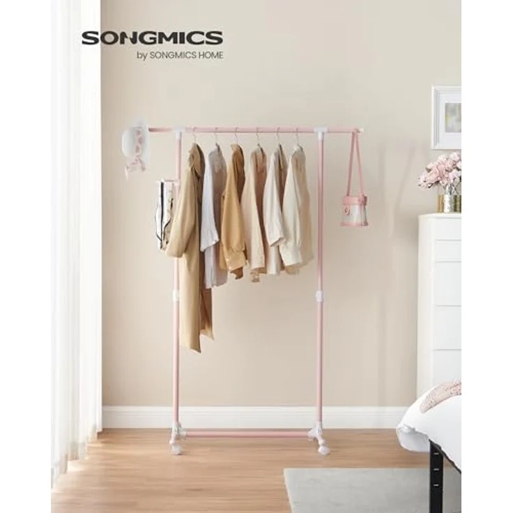 SONGMICS Kleiderständer auf Rollen, Kleiderstange, höhenverstellbar zwischen 97 und 165 cm, ausziehbare Garderobenstange, Garderobenständer, seitliche Haken für Accessoires, pastellrosa LLR001R02 – Bild 3
