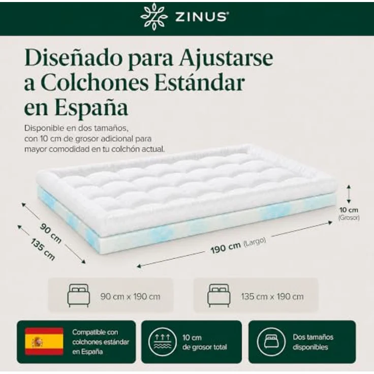 Zinus Mattress Topper, Polyester, Weiß, 190 x 135 cm | Zweilagig, weich, gepolstert und atmungsaktiv mit 4 elastischen Bändern – Bild 2