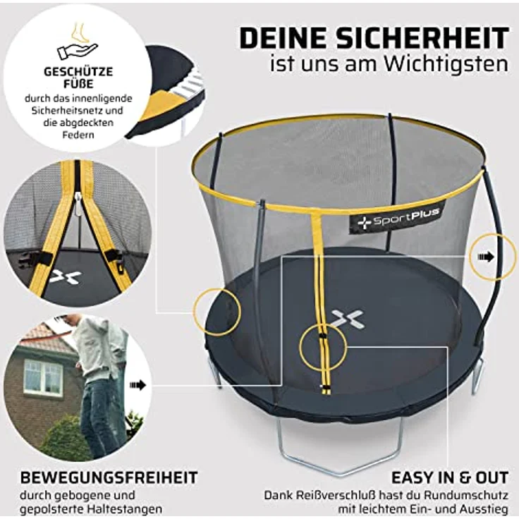 SportPlus Trampolin Ø 305 cm, Garten Trampolin mit innenliegendem Sicherheitsnetz, gepolsterten Haltestangen und TÜV-geprüfter Sicherheit – Bild 3
