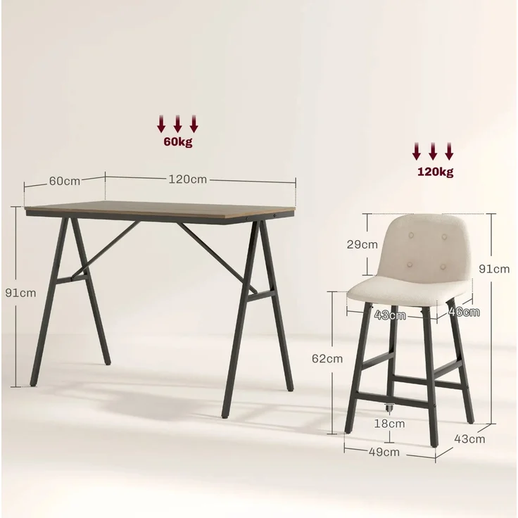 Bartisch-Set mit 4 gepolsterten Hockern und Fußstütze, 120x60x91 cm, Beige – Bild 4